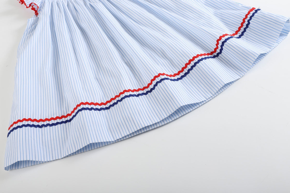 4th of July Blue Striped Stars Smocked Bishop Dress
