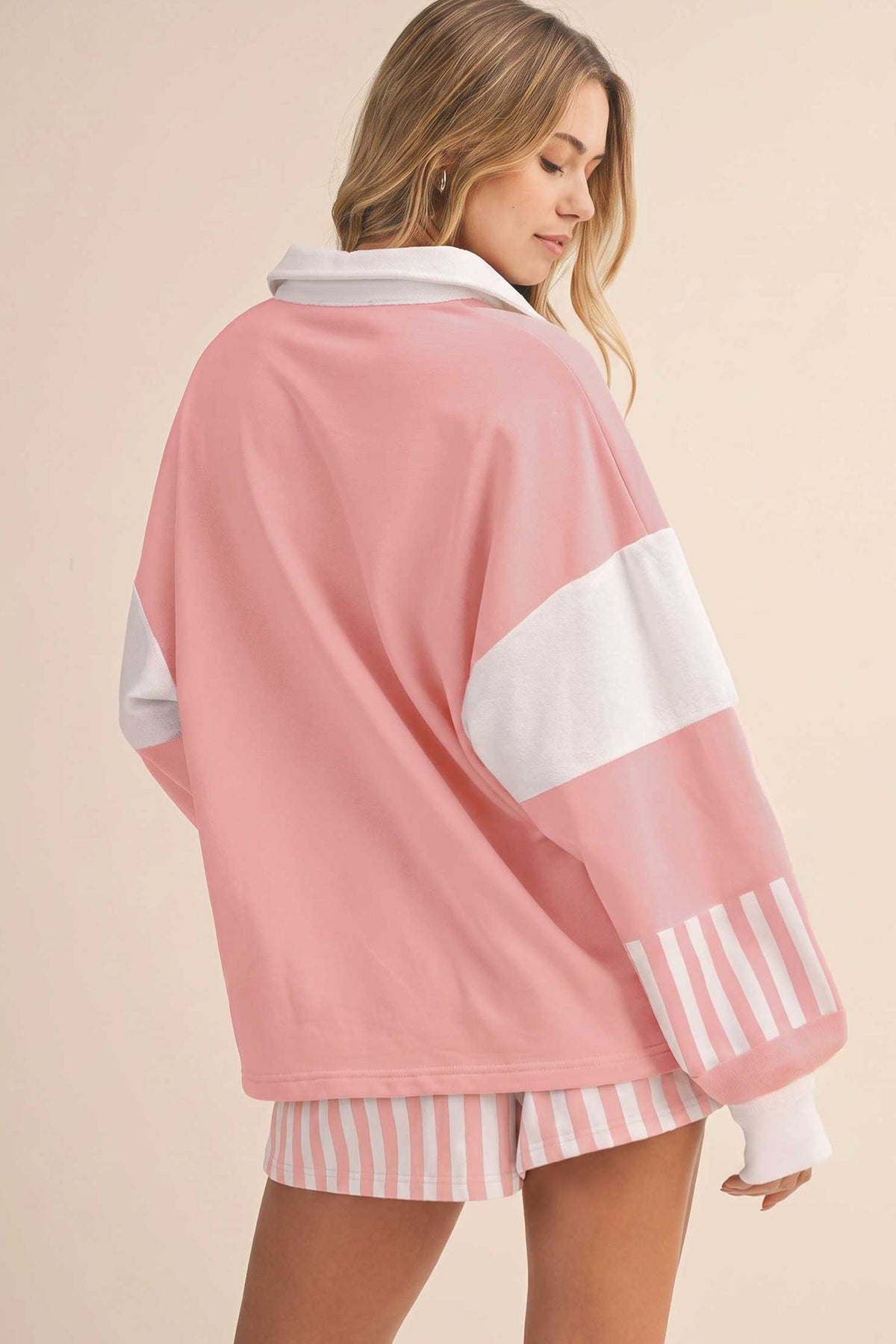 Black Striped Color Block Pullover Top Drawstring Shorts Set PREORDER ETA 3 WEEKS