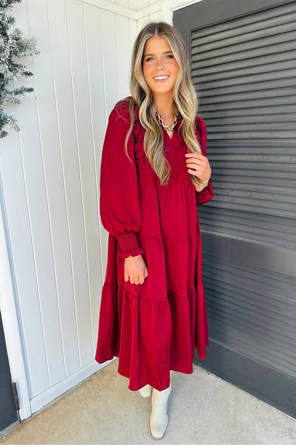 Racing Red Solid Color Ruffle Trim Long Sleeve Tiered Shift Midi Dress PREORDER ETA 3 WEEKS