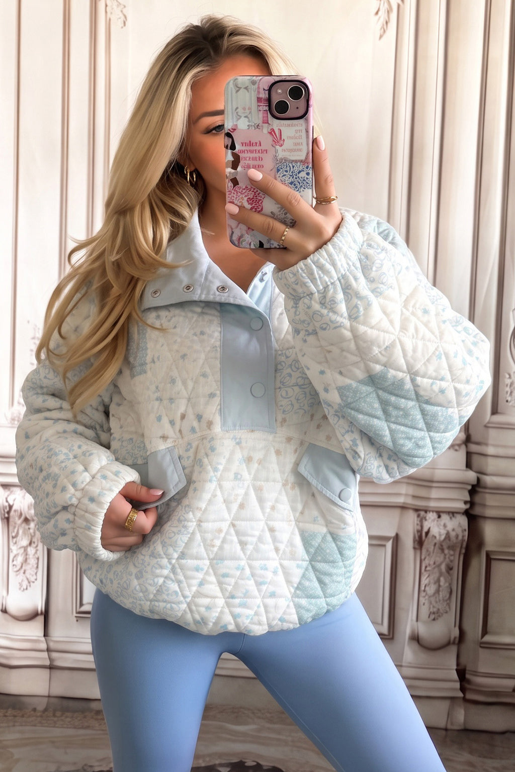 Multicolour Floral Quilted Half Button Pocketed Pullover Sweatshirt PREORDER ETA 3 WEEKS