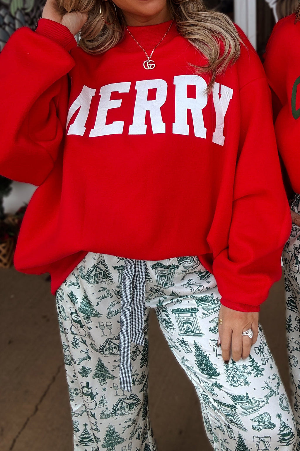 Fiery Red MERRY/CHRISTMAS Reversible Print Mock Neck Baggy Pullover Sweatshirt PREORDER ETA 3 WEEKS