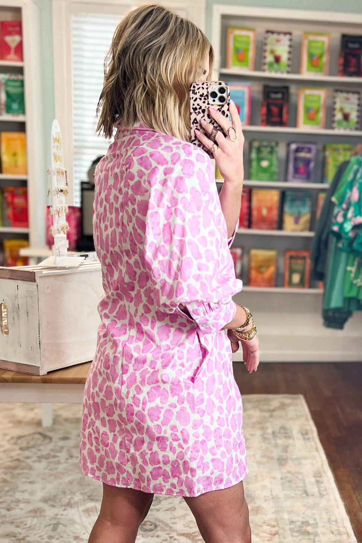Pink Abstract Leopard Print Tie Waist Puff Sleeve Mini Shirt Dress PREORDER ETA 3 WEEKS