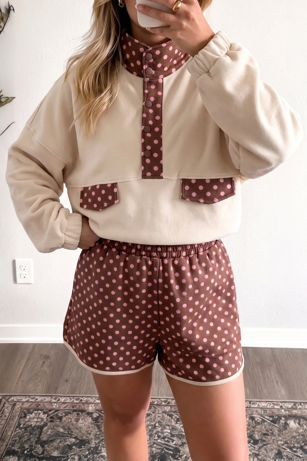 Brown Polka Dot Contrast Baggy Pullover and Elastic Waist Shorts 2pcs Set PREORDER ETA 3 WEEKS