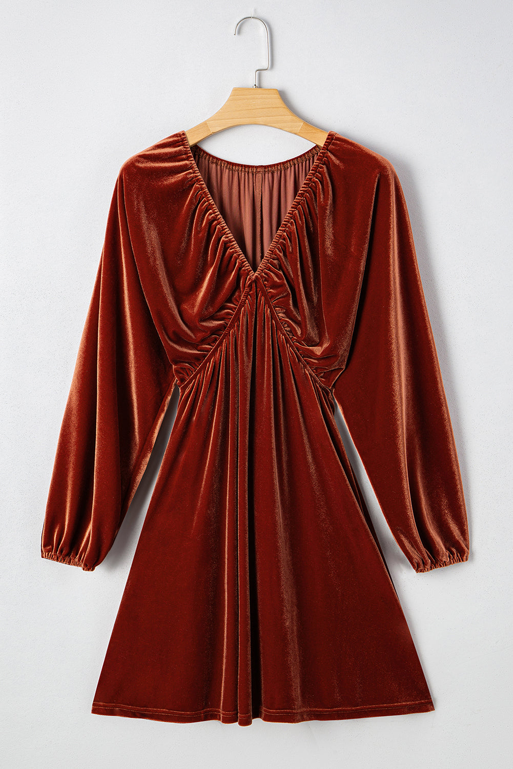 Clay Elastic V Neck Puff Sleeve Short Velvet Dress PREORDER ETA 3 WEEKS