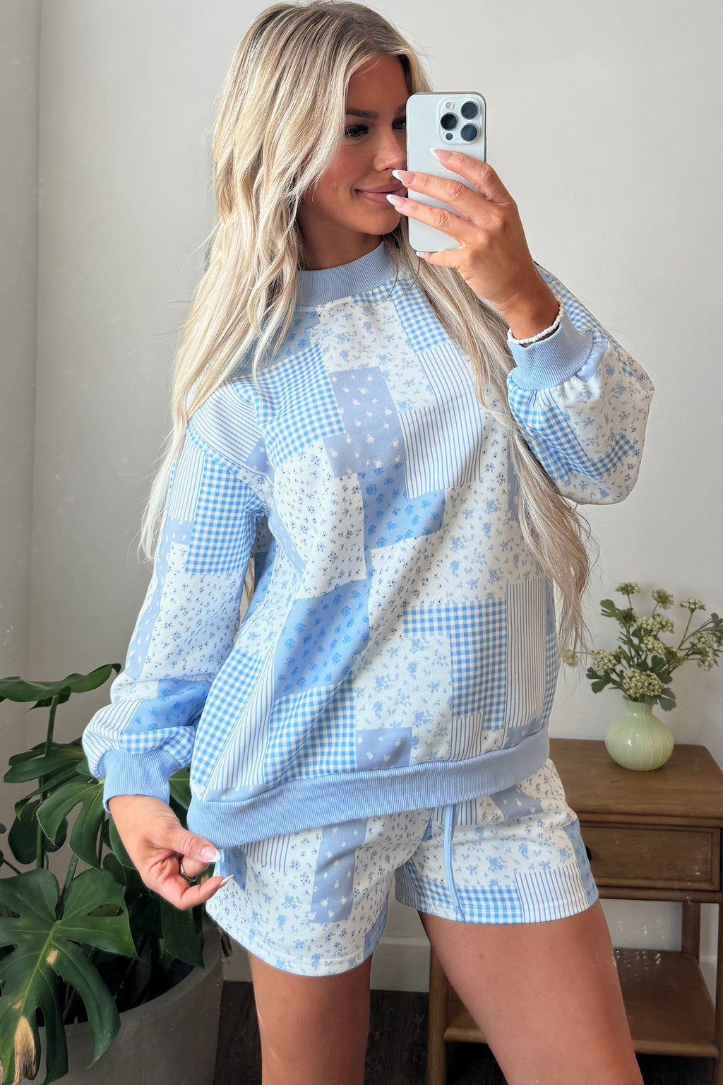 Sky Blue Patchwork Floral Print Drop Shoulder Baggy Pullover Drawstring Shorts Set PREORDER ETA 3 WEEKS