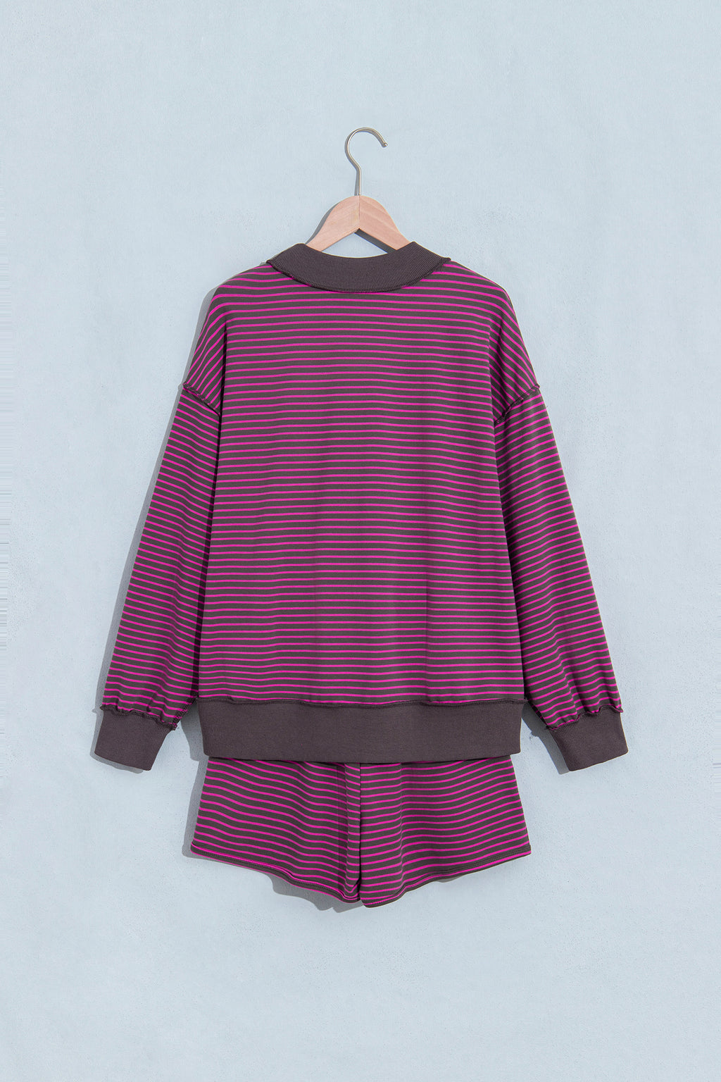 Blue Stripe Ribbed Patchwork Mock Neck Pullover Matching Shorts Set PREORDER ETA 3 WEEKS