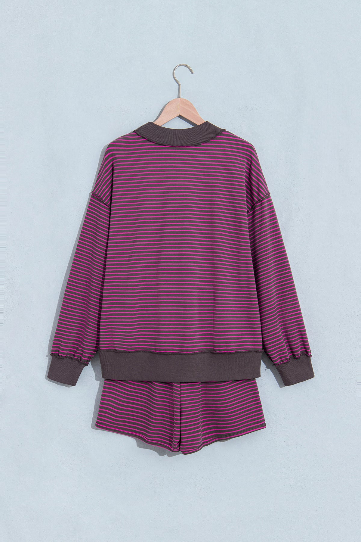 Blue Stripe Ribbed Patchwork Mock Neck Pullover Matching Shorts Set PREORDER ETA 3 WEEKS