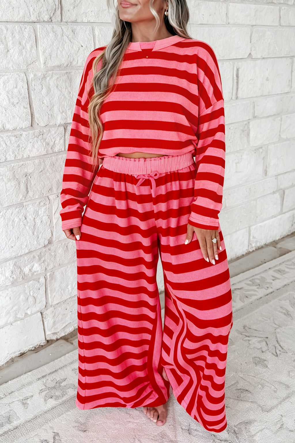 Red Stripe Two-Piece Drop Shoulder Pullover Loose Pants Set PREORDER ETA 3 WEEKS