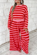 Red Stripe Two-Piece Drop Shoulder Pullover Loose Pants Set PREORDER ETA 3 WEEKS
