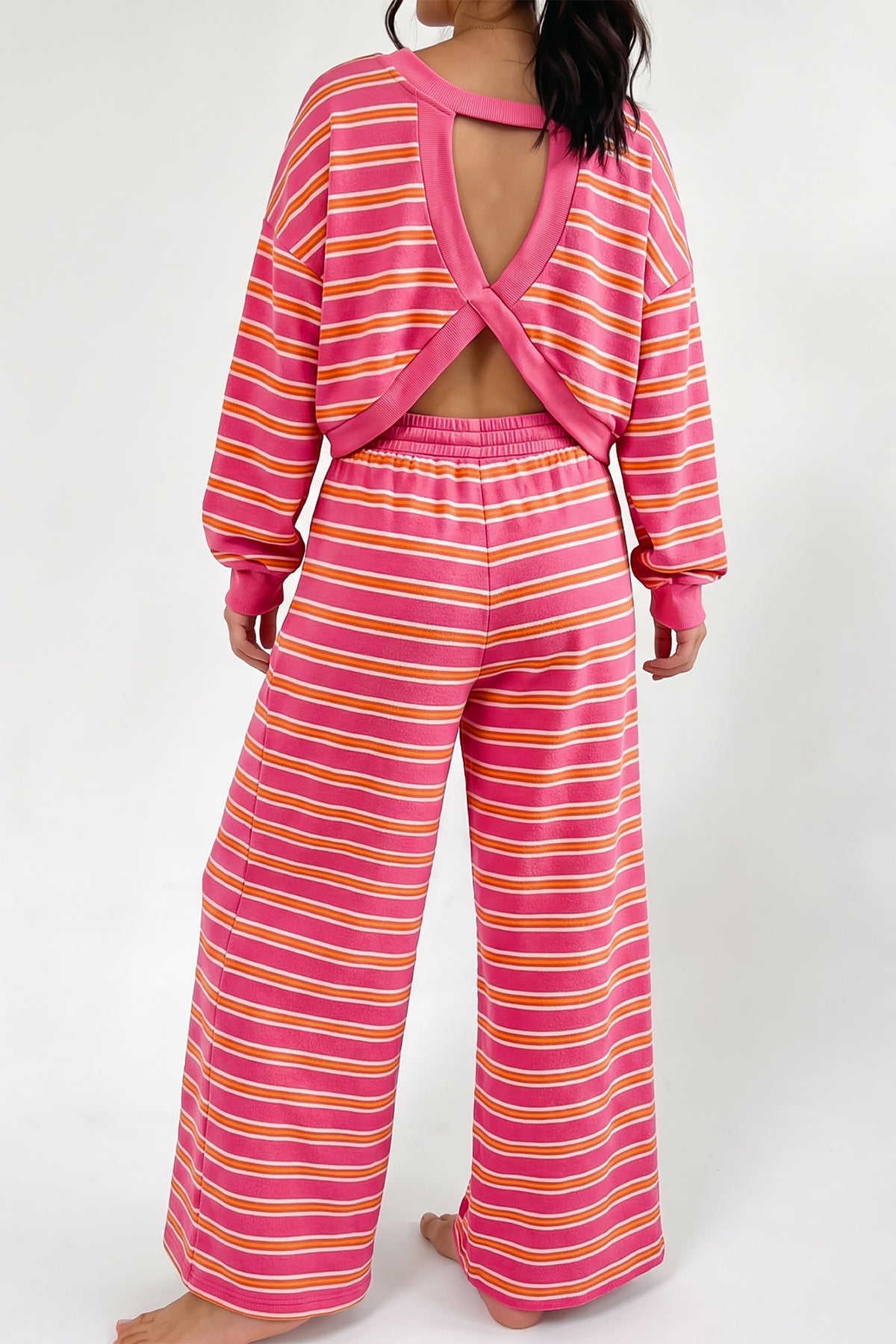 Rose Stripe Back Cutout Long Sleeve Top and Wide Leg Pants 2pcs Set PREORDER ETA 3 WEEKS