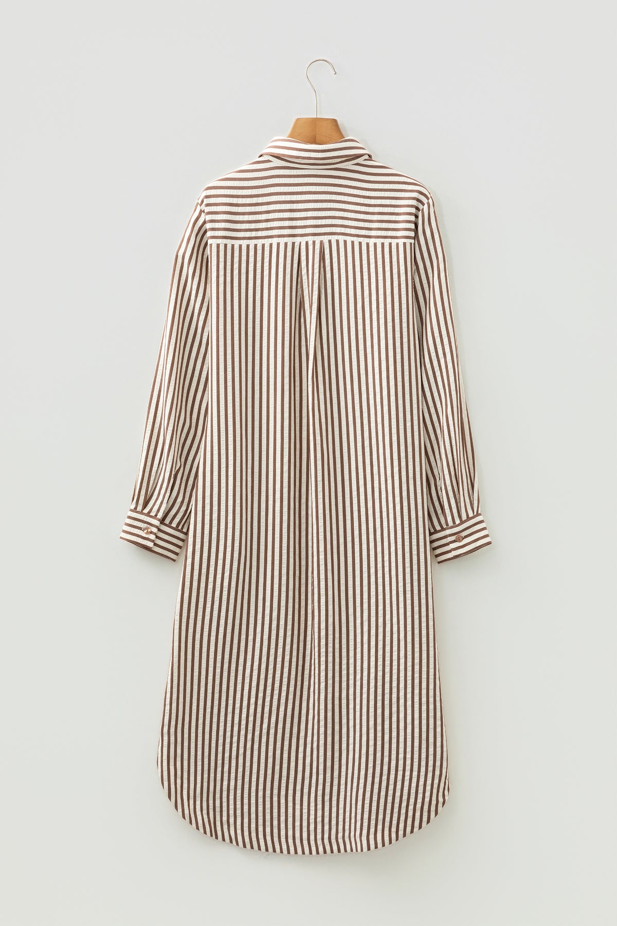 Brown Stripe Textured 3/4 Sleeve Round Hem Split Midi Shirt Dress PREORDER ETA 3 WEEKS