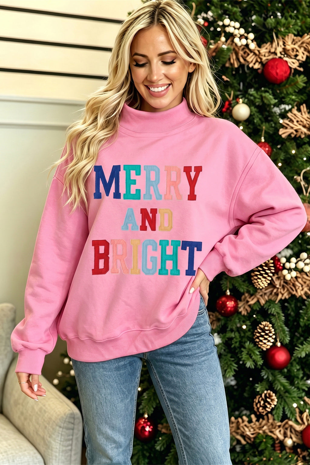 Peach Blossom MERRY AND BRIGHT Stitched Letter Pattern Mock Neck Sweatshirt PREORDER ETA 3 WEEKS