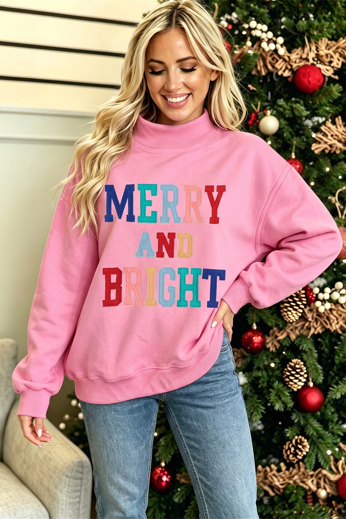 Peach Blossom MERRY AND BRIGHT Stitched Letter Pattern Mock Neck Sweatshirt PREORDER ETA 3 WEEKS