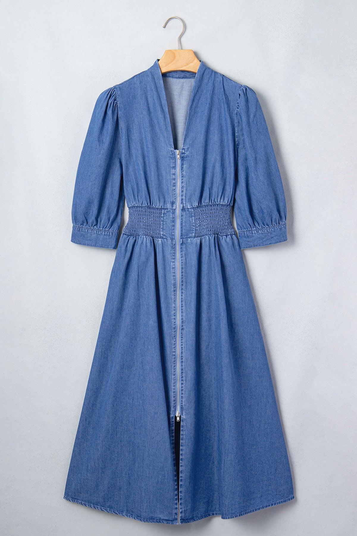 Blue V Neck Shirred Waist Metal Zipper Denim Midi Dress PREORDER ETA 3 WEEKS