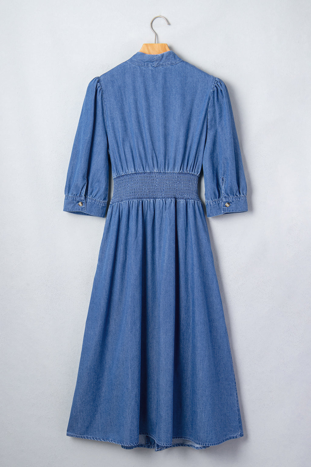 Blue V Neck Shirred Waist Metal Zipper Denim Midi Dress PREORDER ETA 3 WEEKS