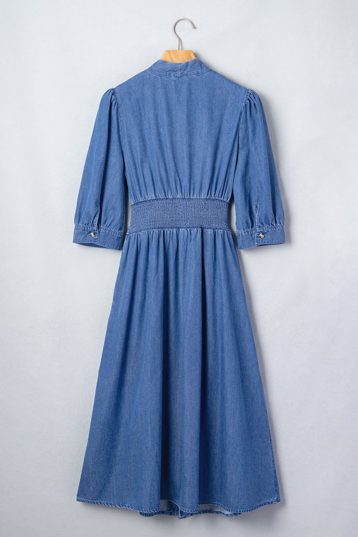 Blue V Neck Shirred Waist Metal Zipper Denim Midi Dress PREORDER ETA 3 WEEKS