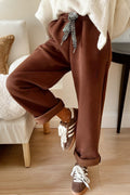 Dearlovers Coffee Fleece Lined Leopard Drawstring Elastic Waist Solid Pants