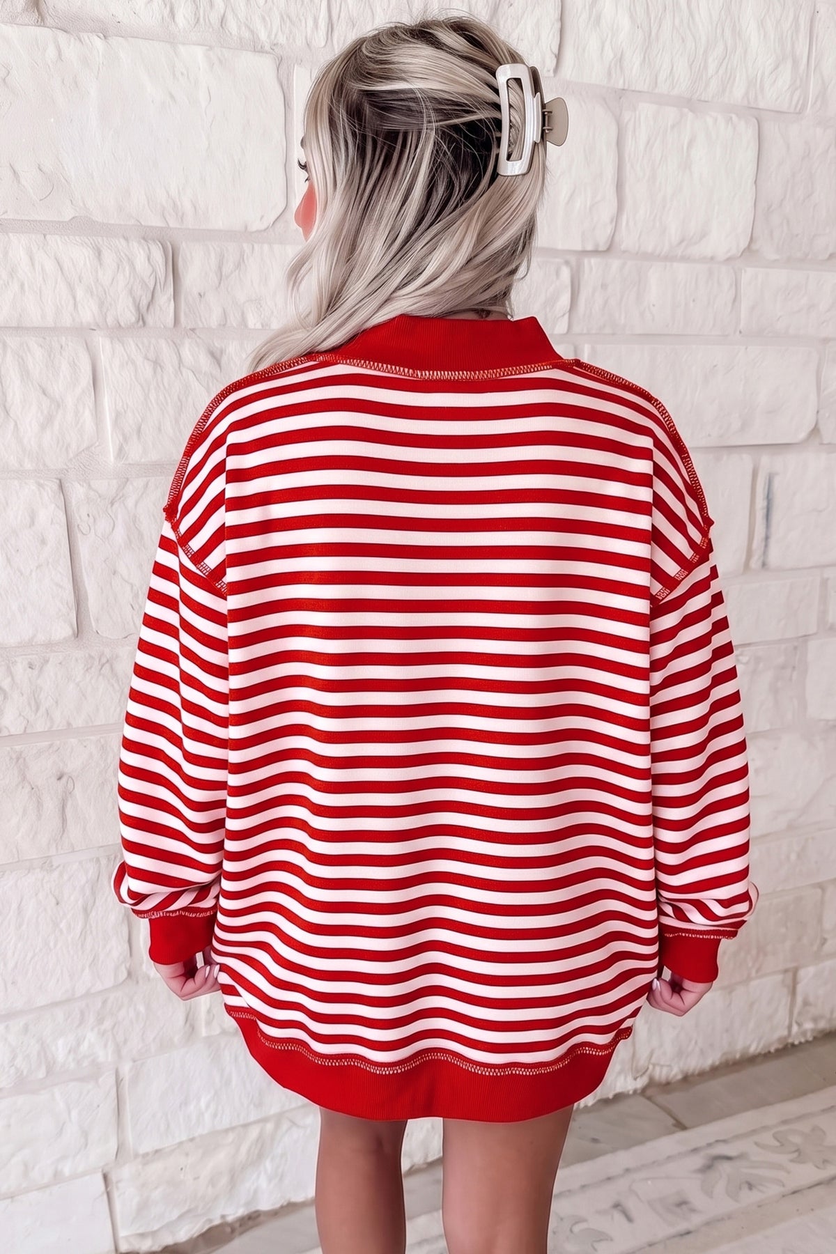 Red Stripe Christmas Slogan Embroidery Patched Mock Neck Oversized Sweatshirt PREORDER ETA 3 WEEKS