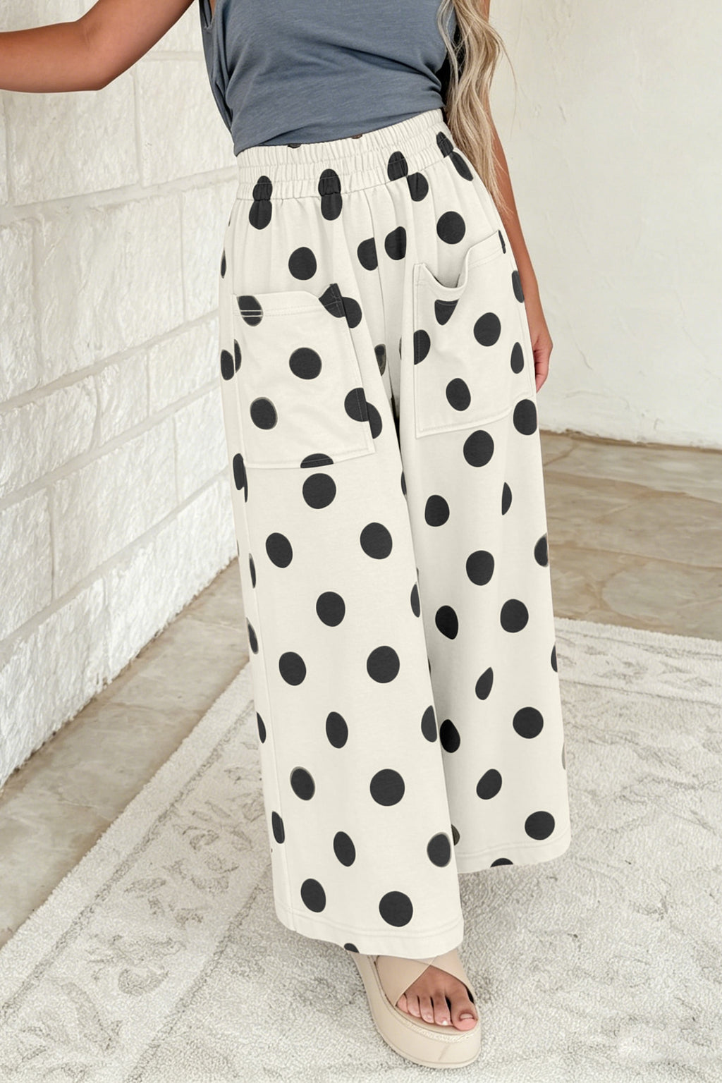 Beige Polka Dot Wide Leg Elastic Waist Casual Pants PREORDER ETA 3 WEEKS