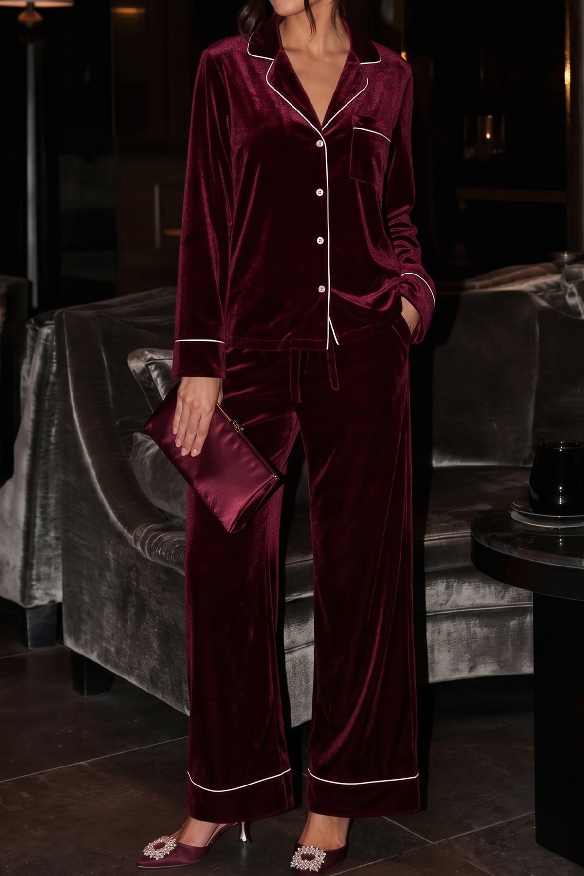 Burgundy Velvet Long Sleeve Top and Pants Two Piece Casual Lounge Set PREORDER ETA 3 WEEKS