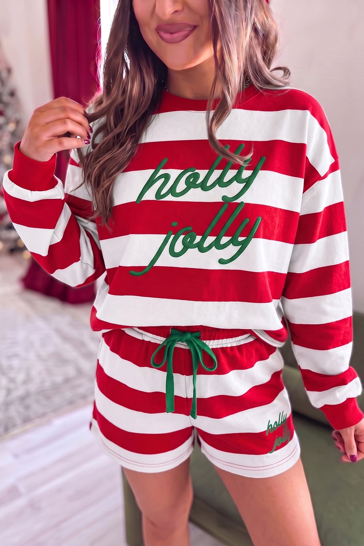 Red Stripe Holly Jolly Embroidery Pullover Long Sleeve Two Piece Shorts Set PREORDER ETA 3 WEEKS