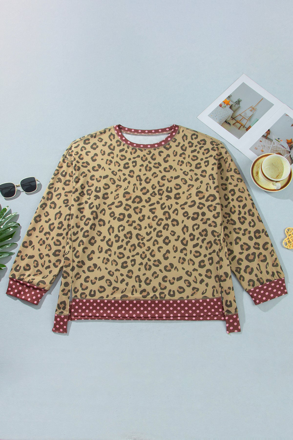 Brown Plus Size Leopard Print Contrast Polka Dot Trim Long Sleeve Top PREORDER ETA 3 WEEKS