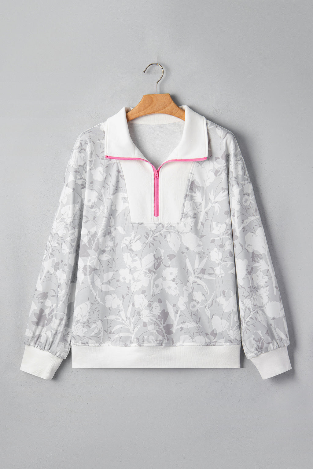 Gray Floral Print Quarter Zip Stand Neck Long Sleeve Sweatshirt PREORDER ETA 3 WEEKS