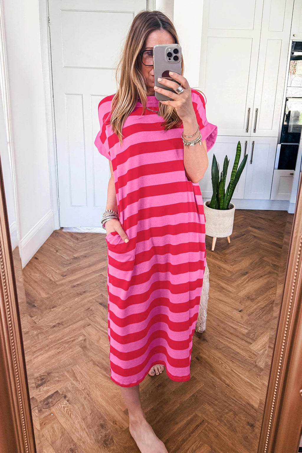 Rose Stripe Cuffed Short Sleeve Pocketed Casual T Shirt Long Dress PREORDER ETA 3 WEEKS