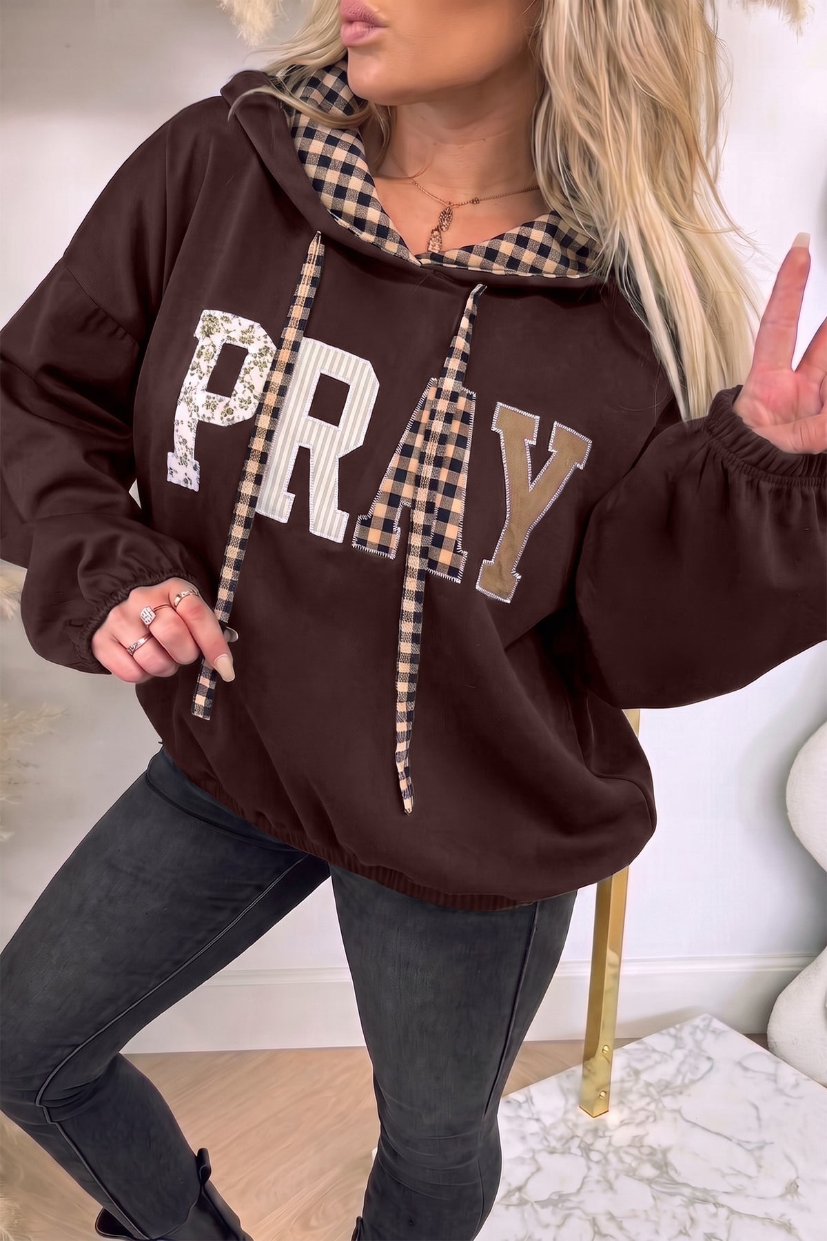 Chicory Coffee PRAY Mix Pattern Letter Graphic Plaid Contrast Drawstring Hoodie PREORDER ETA 3 WEEKS