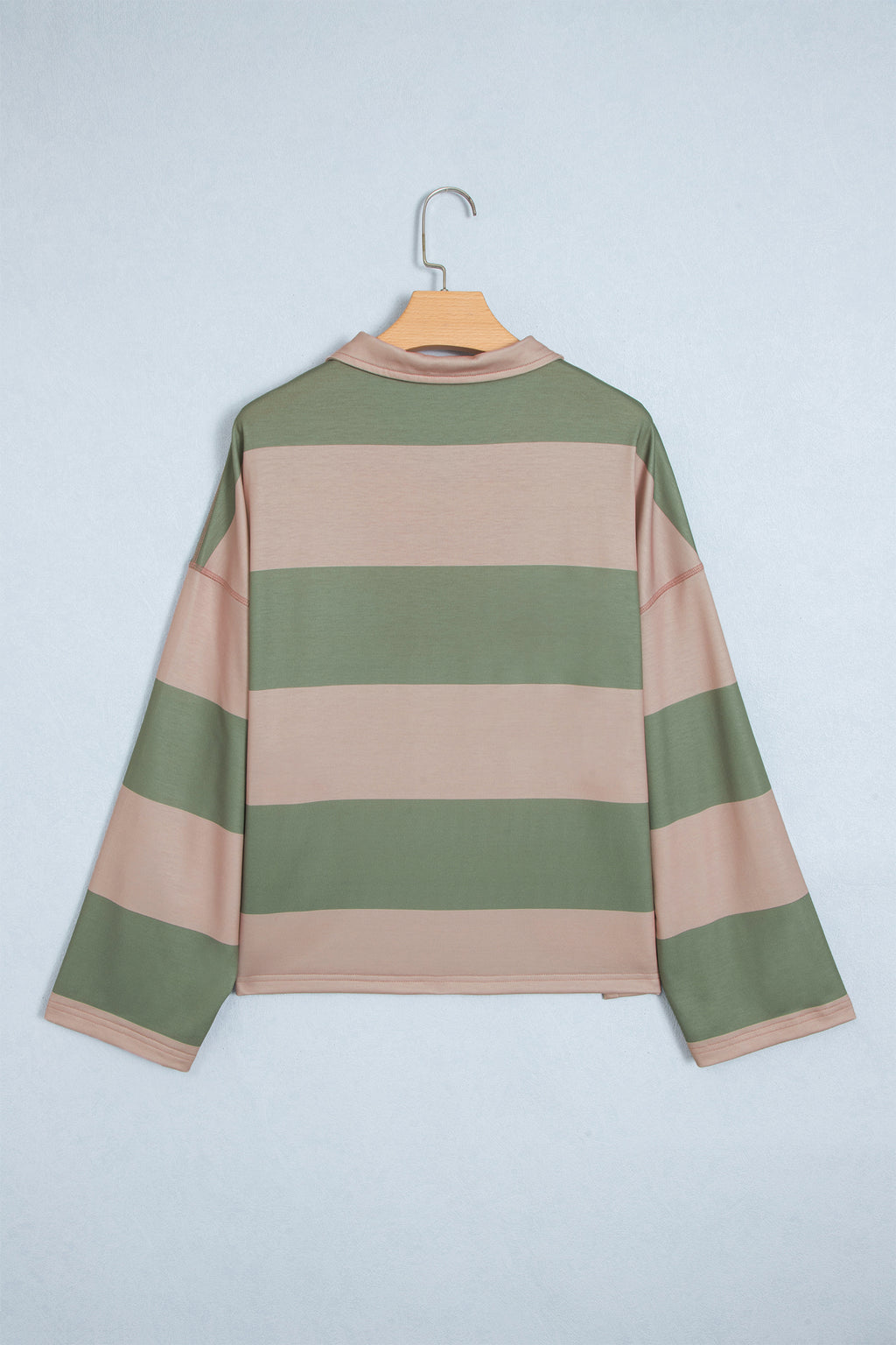 Green Striped Colorblock Zipper Pullover Long Sleeve Loose Top