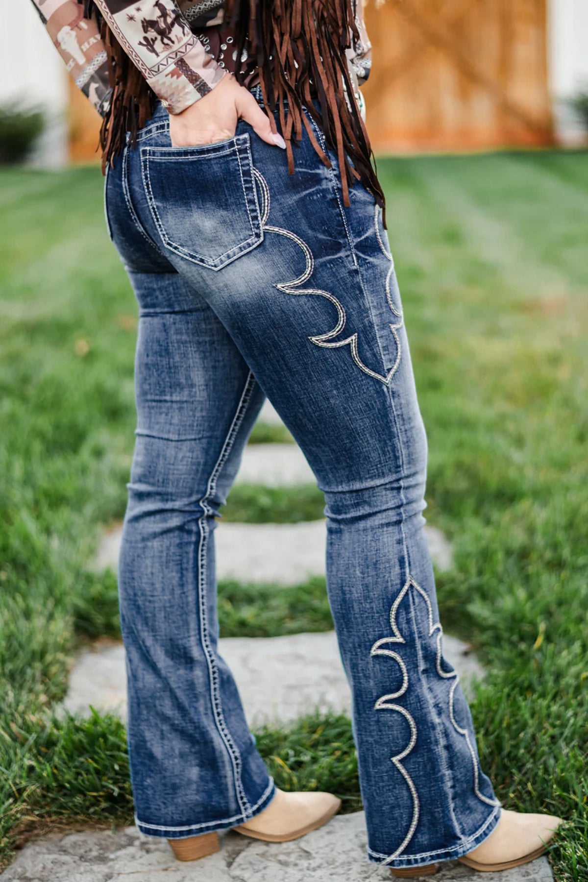 Blue Western Embroidered Flare Full Length Jeans PREORDER ETA 3 WEEKS