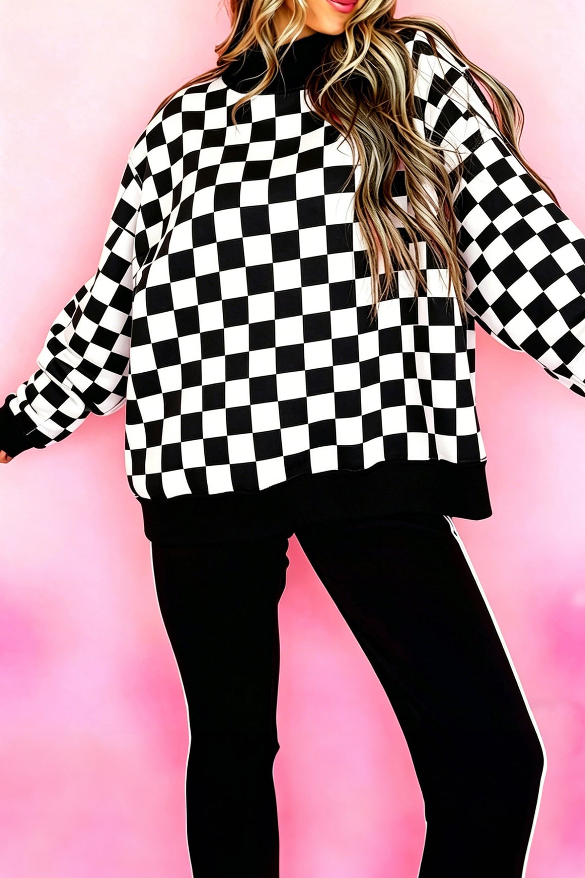 Black Checkered Print High Neck Baggy Sweatshirt PREORDER ETA 3 WEEKS