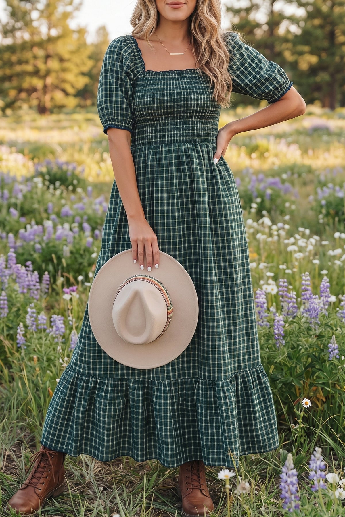 Green Plaid Square Neck Shirred High Waist Ruffle Hem Dress PREORDER ETA 3 WEEKS