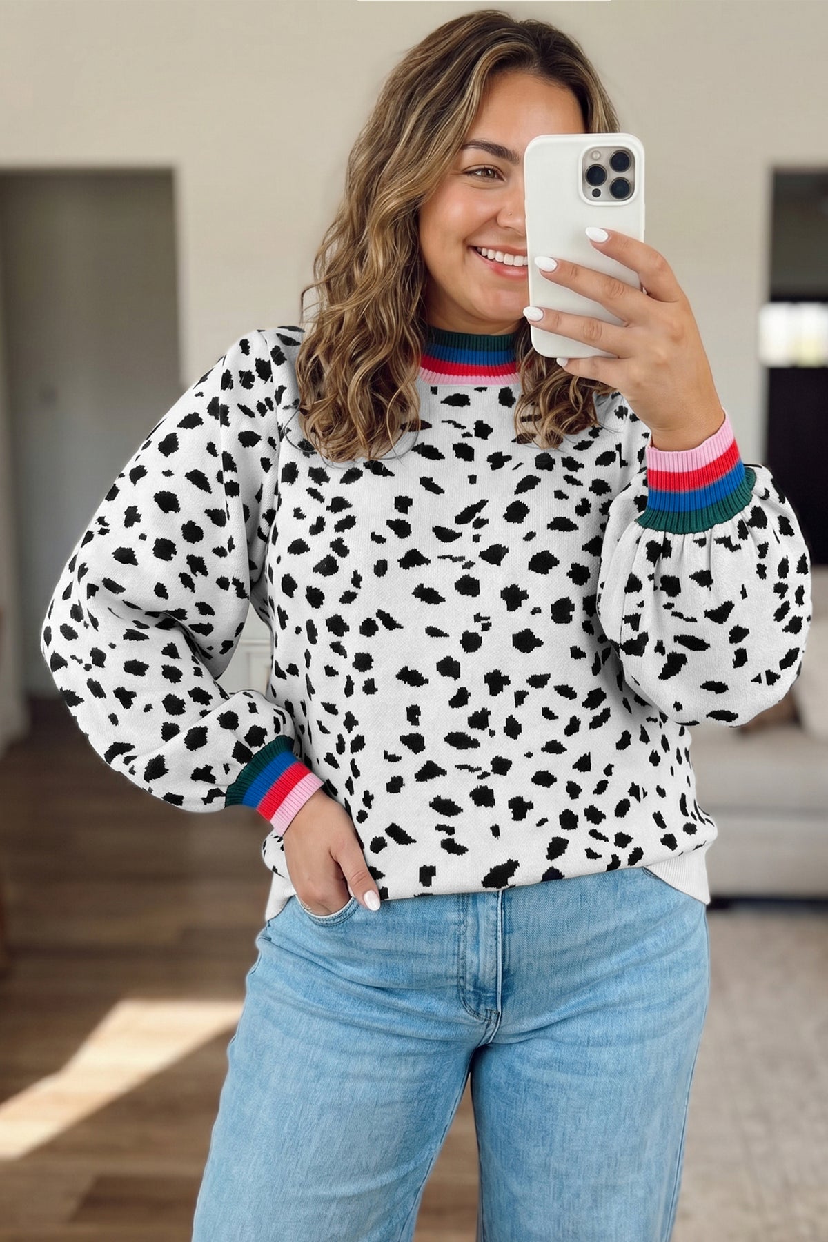 White Leopard Print Colorblock Round Neck Long Sleeve Tunic Plus Size Sweater PREORDER ETA 3 WEEKS