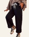 Black Fleece Lined Leopard Drawstring Elastic Waist Solid Pants