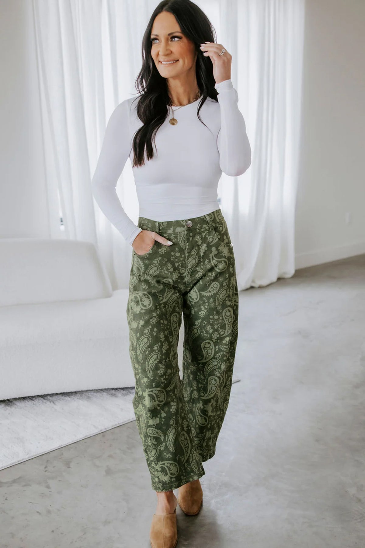 Green Paisley Print Harem Denim Pants PREORDER ETA 3 WEEKS