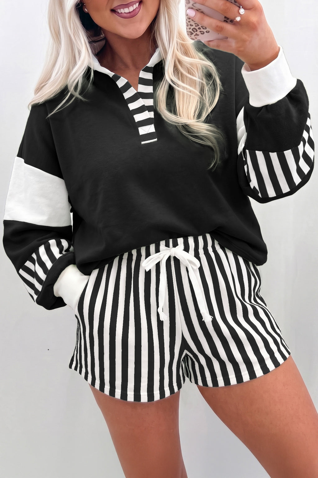 Black Striped Color Block Pullover Top Drawstring Shorts Set PREORDER ETA 3 WEEKS