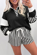 Black Striped Color Block Pullover Top Drawstring Shorts Set PREORDER ETA 3 WEEKS