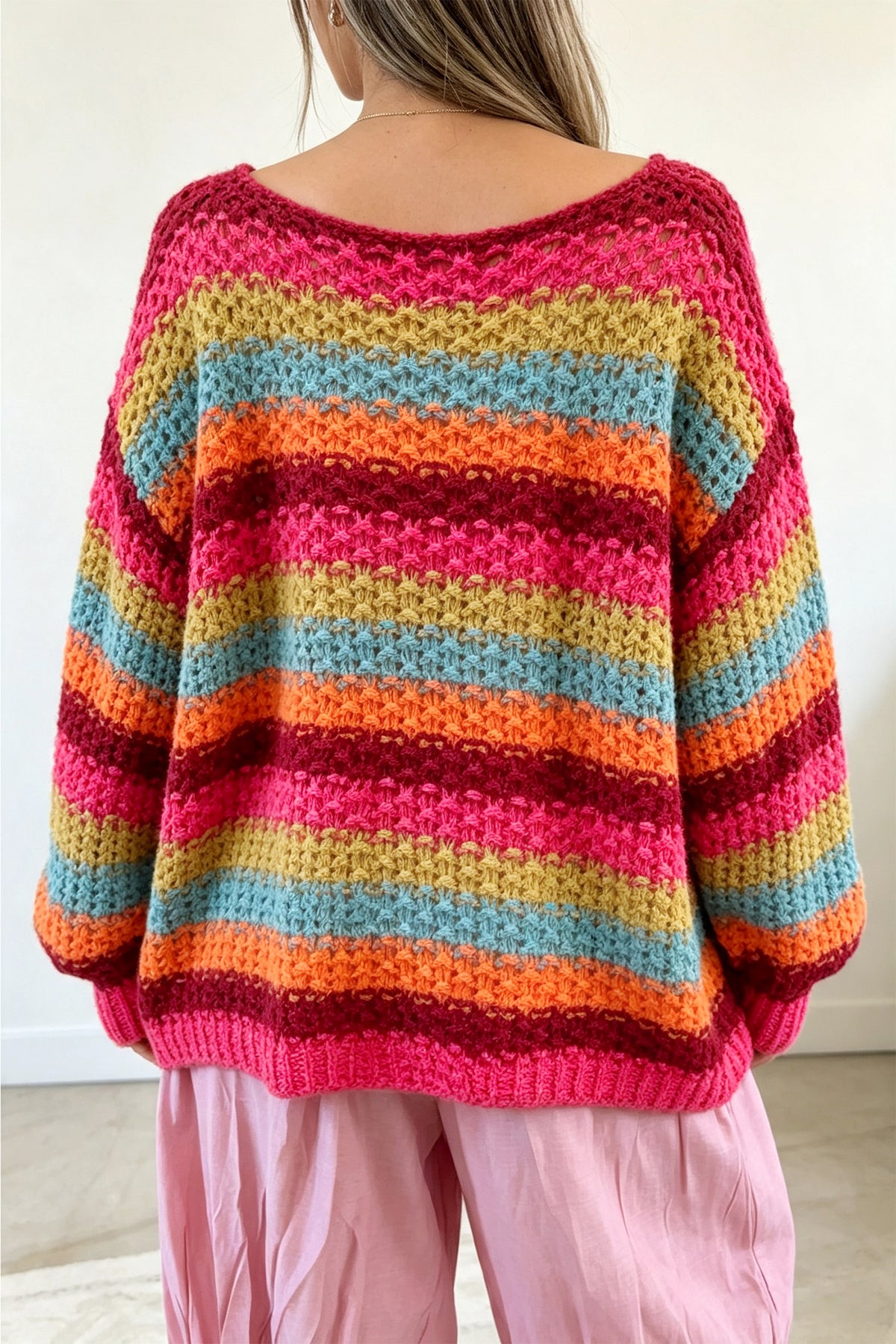 Rose Red Crochet Striped Knit Oversize Sweater PREORDER ETA 3 WEEKS
