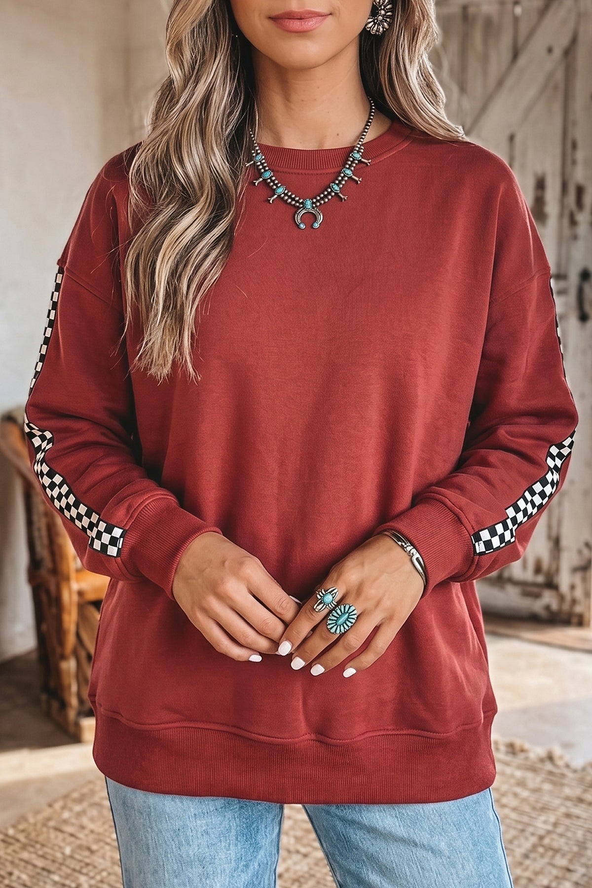 Mineral Red Checkered Trim Long Sleeve Round Neck Shift Sweatshirt PREORDER ETA 3 WEEKS