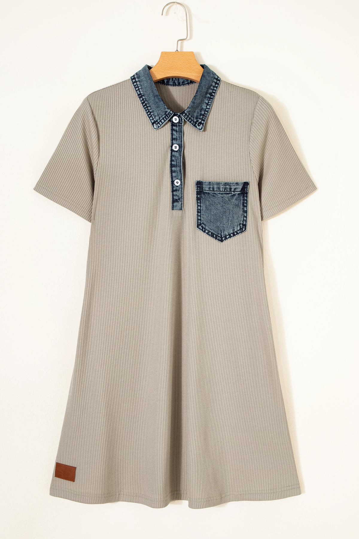 Beige Short Sleeve Ribbed Knit Denim Patchwork Polo Collar Dress PREORDER ETA 3 WEEKS