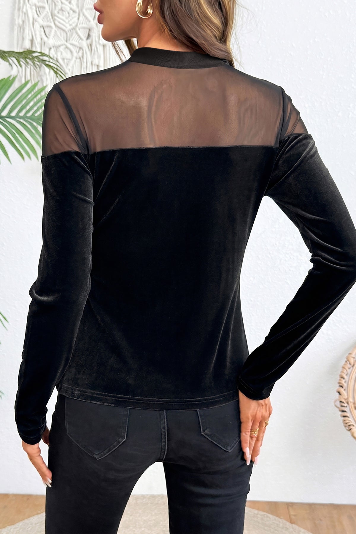 Black Velvet Long Sleeve Sheer Neck Patchwork Casual Pullover Top PREORDER ETA 3 WEEKS