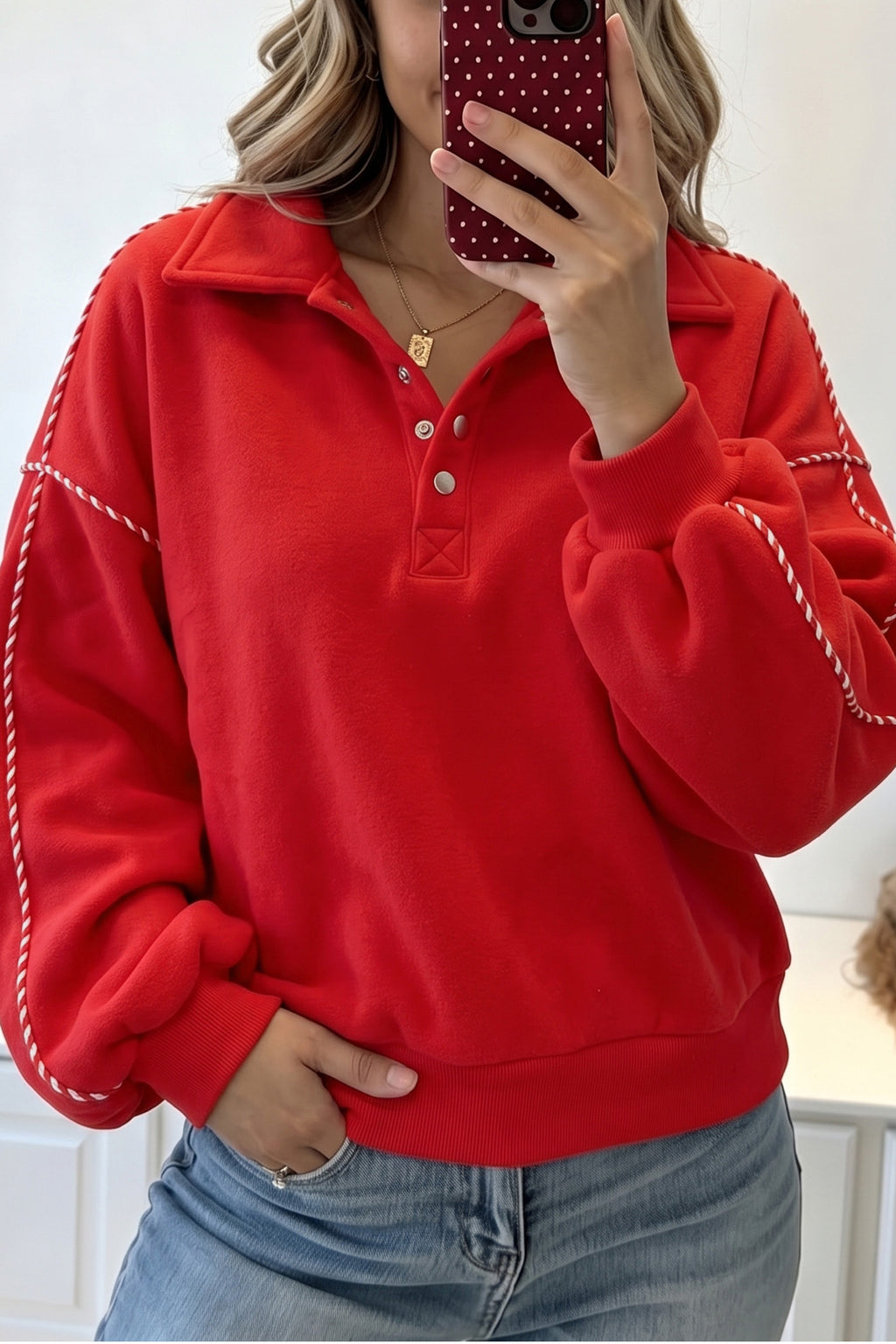 Fiery Red Snap Button Sleeve Candy Cane Lane Detail Pullover Sweatshirt PREORDER ETA 3 WEEKS