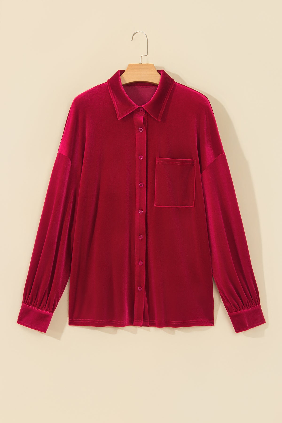Fiery Red Soft Velvet Patch Pocket Button Down Loose Shirt PREORDER ETA 3 WEEKS