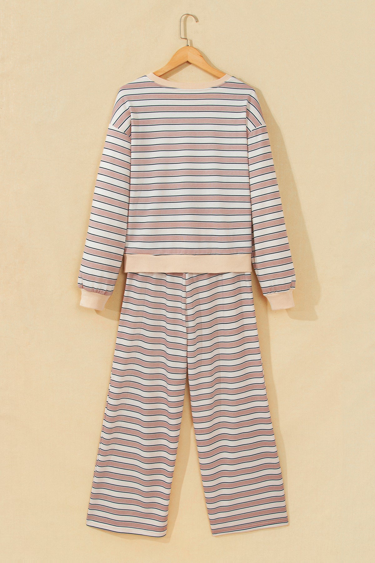 Khaki Stripe Contrast Trim Long Sleeve Top Elastic Waist Pants Set PREORDER ETA 3 WEEKS
