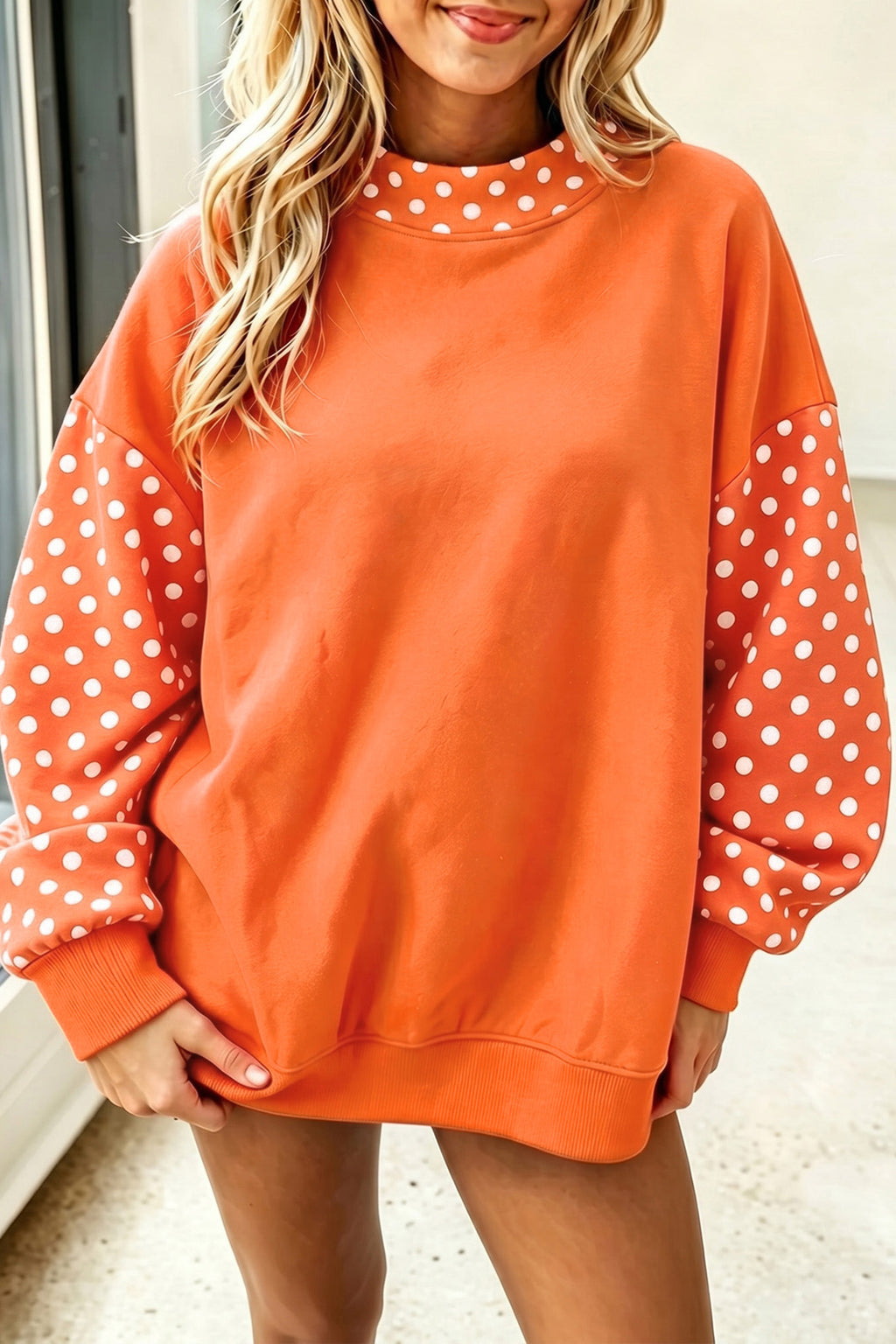 Orange Polka Dot Contrast Round Neck Long Sleeve Baggy Sweatshirt PREORDER ETA 3 WEEKS