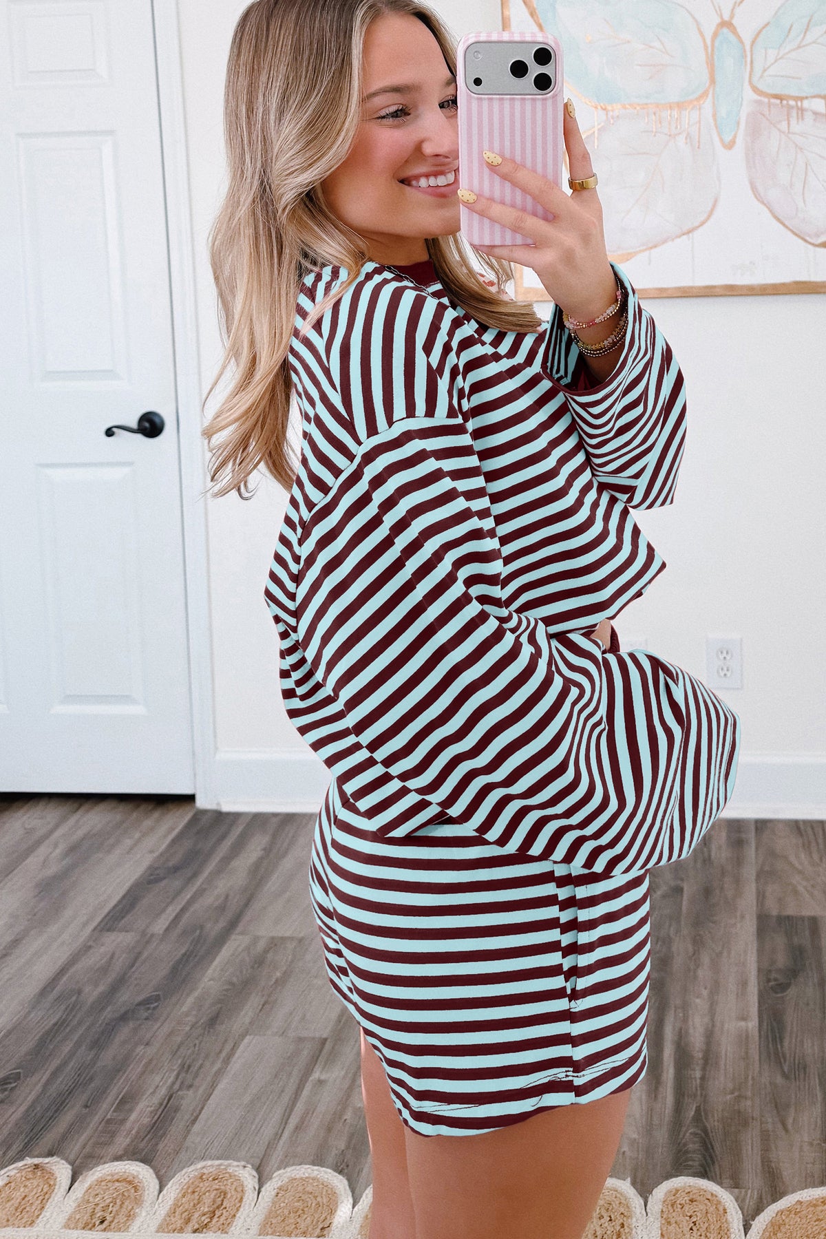 Brown Stripe Relaxed Long Sleeve Top Contrast Elastic Waistband Short Set PREORDER ETA 3 WEEKS