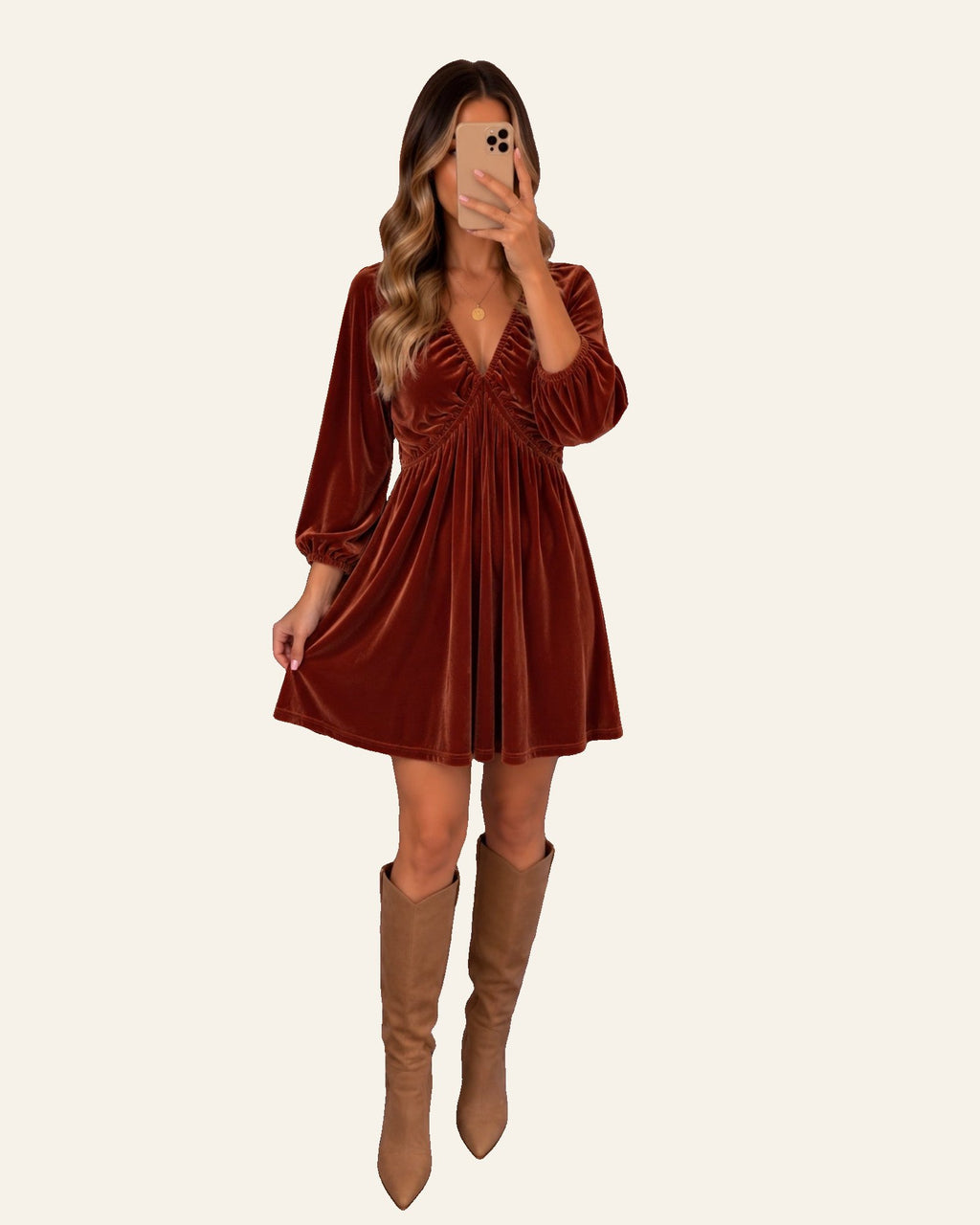 Clay Elastic V Neck Puff Sleeve Short Velvet Dress PREORDER ETA 3 WEEKS