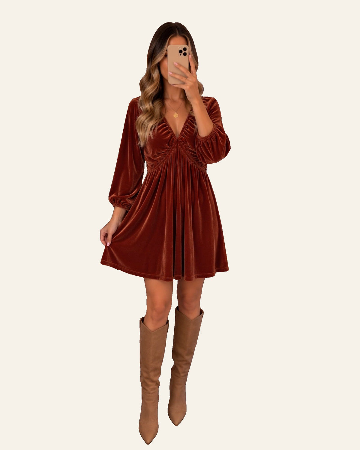 Clay Elastic V Neck Puff Sleeve Short Velvet Dress PREORDER ETA 3 WEEKS