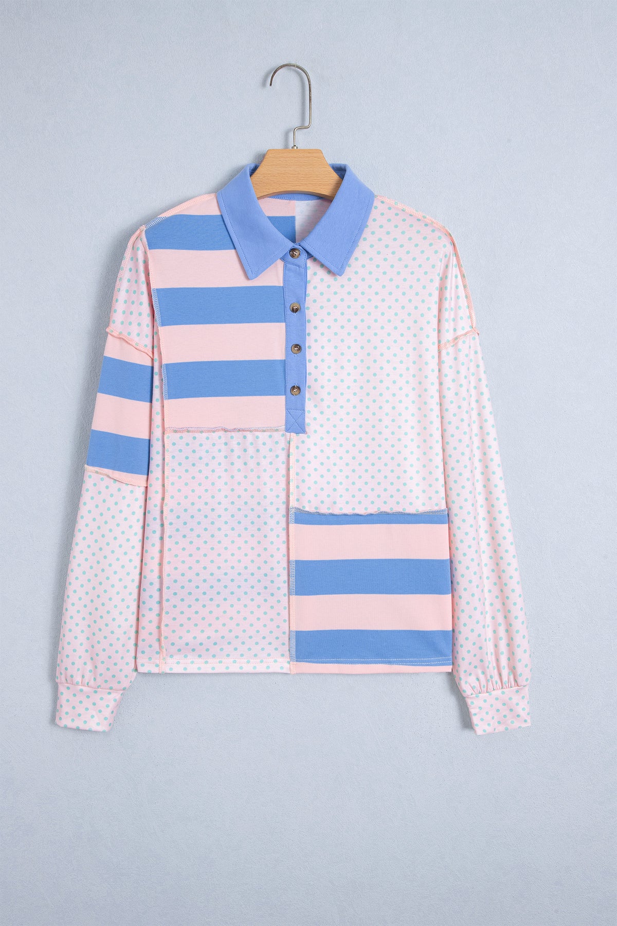 Pink Striped Polka Dot Patchwork Polo Collar Long Sleeve Top PREORDER ETA 3 WEEKS
